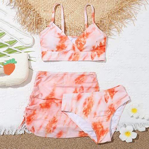 Girls Swimsuit 3 Piece Bikini Set Tropical Print Cross V Neck Bathing Suits Girls' Swimwear with Cover Up Skirt3