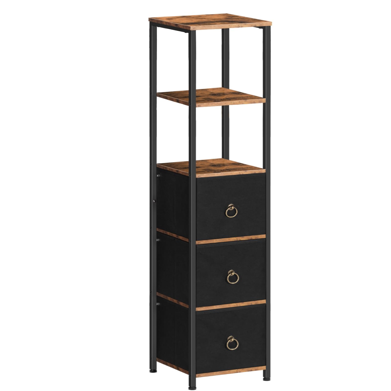 HOOBRO Armario de Pie para Cuarto de Baño, Estantería Independiente para Cuarto de Baño, Armario Estrecho, Rinconera Multifuncional, 3 Cajones de Tela, Color Vintage y Negro EBF140CW01