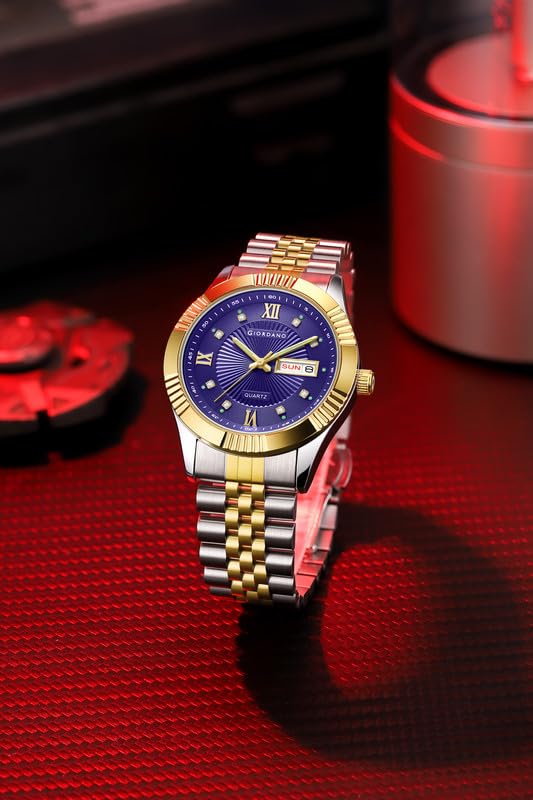 Image of Giordano Classic Analog Quartz Watch for Men with Textured Dial, Fluted Bezel, Day & Date Display & Two-Tone Stainless Steel Strap