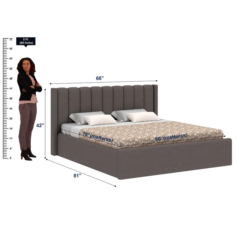 Image of Ganpati Arts Solid Sheesham Wood Emperor Upholstered Queen Size Bed with Box Storage | Durable Wooden Double Bed Cot Palang with Tufted Headboard for Bedroom, Hotels and Home Furniture (Grey)