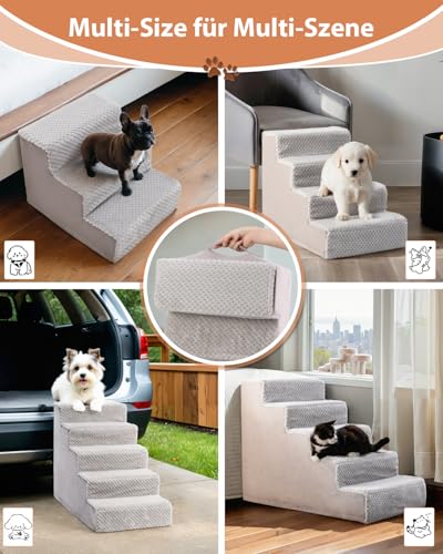 KSIIA Hundetreppe für Kleine Hunde 44cm Hoch, Haustiertreppe mit Abnehmbarem Waschbarem Bezug, Katzentreppe für Alte Katzen Hunde, Rutschfestem Hunderampe Hundetreppe für Bett Sofa, Grau