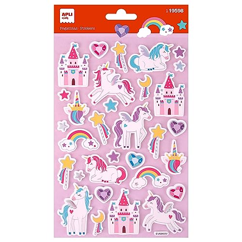 APLI Kids 19598 - Pegatinas Maxi Unicornios, 1 hoja con 32 stickers de adhesivo permanente. Ideales para Scrapbooking, decoración o DIY