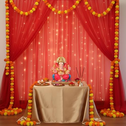 Image of Party Propz Red Backdrop Decoration - 3Pcs, Backdrop Cloth for Decoration Pooja, Pooja Background Decorations Items, Wedding and Haldi Decorations, Red Curtain for Anniversary Decor(Net Mix)