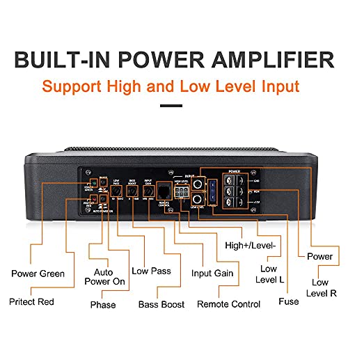 ISUDAR 9 Zoll schlanker Max 600W Subwoofer Aktiv Powered Untersitz-Auto Audio Subwoofer eingebautem Verstärker für Auto/LKW mit Fernbedienung niedrigen und hohen Eingangspegeln, Schwarz