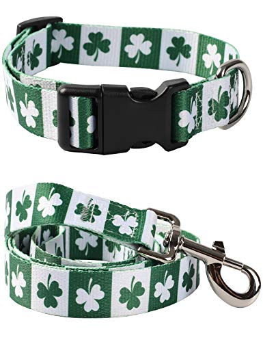 Coomour St. Patrick's Day Dog Collar with pet Funny Clover Printing Adjustable Leash for Small Medium Large Dogs Cats Pets Collars Set (X-Large)