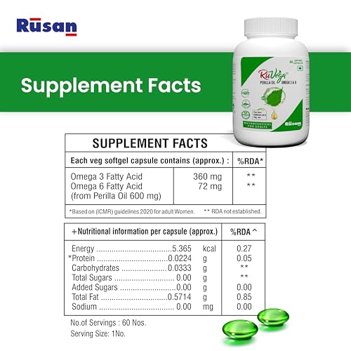 Image of Rusan RuVega Plant-Based Omega 3 & 6 Softgel | Herbal Perilla Oil with ALA | Fish-Free Softgel Nutraceutical for Adults | Vegan Supplements | Supports Heart, Brain, Joint & Skin Health (60 Count)