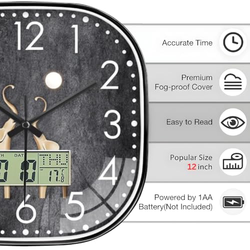 Image of Ash & Roh 12 Inch Silent Quatrz and Non-Ticking Wall Clock with Easy to Read Number and Analog Display Stylish & Decorative Design for Office, Living Room, Bedroom (Elephant Digital Square)