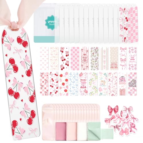YOPPIX 6x2 Acrylic Bookmark Blanks- 20 Set Bookmark Making Kit with 20 UV DTF Stickers About Bow Theme 20 Ribbon 80 Bookish Stickers for DIY Your Crafts Gift for Book Lover