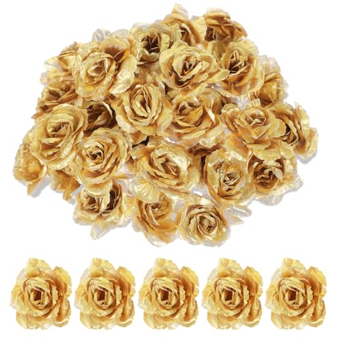 Psyqtsuary 30 Stück Gold Künstliche Rosenköpfe 7cm Glitzer Seidenrosen Künstliche Rosen Blütenköpfe für Hochzeit Blumenstrauß Arrangement Basteln Party Haus Garten Deko Tischdeko