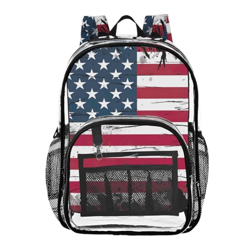 American Flag Clear Backpack with Back Print, Heavy Duty See Through Backpacks PVC Transparent Daypack for Travel Security