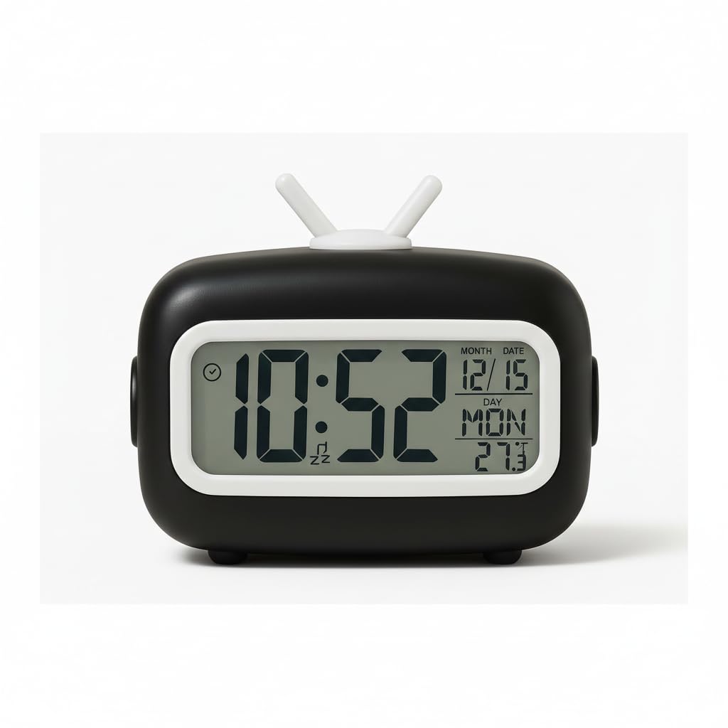 Retro TV Digital Alarm Clock, Battery Operated Desk Clock with Antenna Backlight, Temperature, Calendar, Timer & Snooze, Cute Decor for Bedroom & Office(Black)-image-28