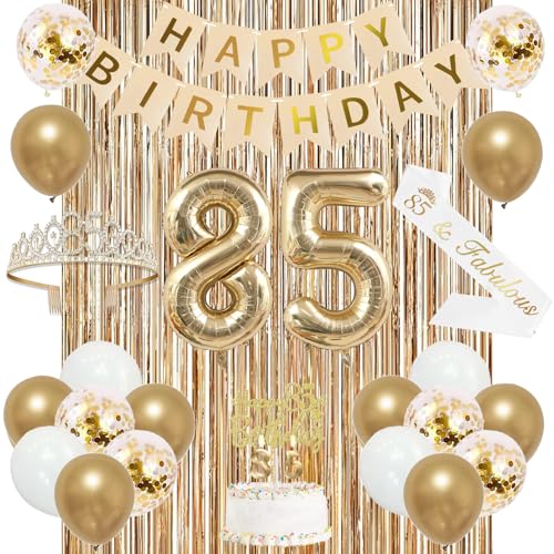 Image of Trgowaul 85th Birthday Decorations for Women, Banner, Sash and Crown, Cake Topper, 85 Number Balloon, Fringe Curtains, Champagne Gold 85th Birthday Party Supplies