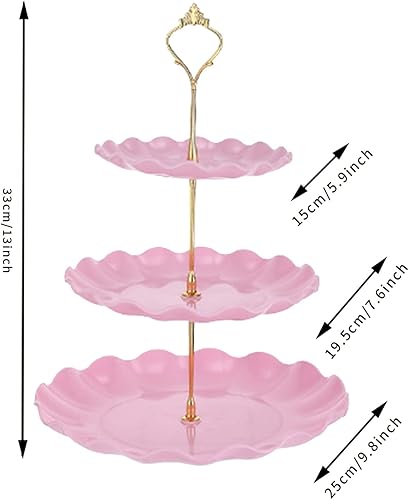 Miniatura 2 de 3 soportes de plástico rosa de 3 niveles para cupcakes de postre, torre de exhibición de dulces de frutas para bodas, fiestas de cumpleaños, fiestas