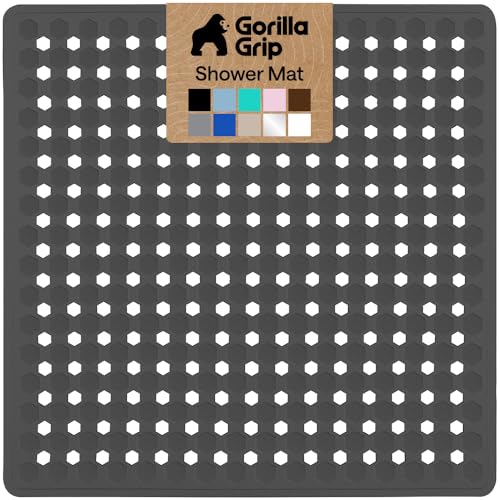 Image of GORILLA GRIP Patented Square Shower Stall Mat, Small Bathtub Floor Mats for Stand Up Showers, Suction Cups and Drain Holes, Machine Wash, Soft on Feet, Bathroom Accessories 21x21 Inch, Charcoal Opaque