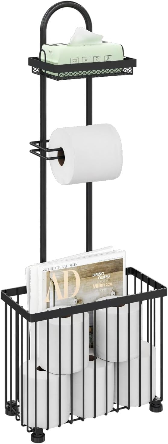 Portarrollos de papel higiénico con estante, soporte de papel higiénico de pie para revistas de baño, con soporte para tableta, para 6 rollos de papel higiénico, adecuado para baños e