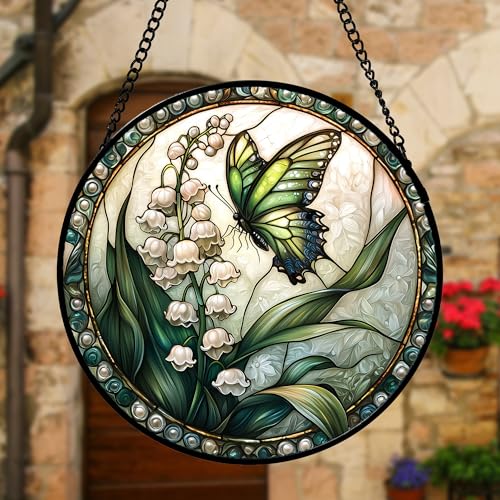 Image of DASTOLL Stained Glass Window Hanging, Lily of the Valley Flower Butterfly Suncatcher for Doors Home Sun Catchers Decoration and Christmas, Mother's Day Birthday Gifts for Women, Men, Mom 6.3 in