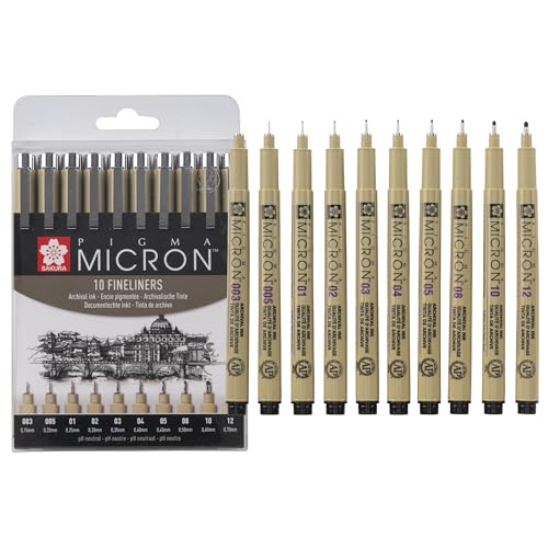 SAKURA Pigma Micron Pointes Callibrées Set de 10 | Encre noire permanente et résistante à l'eau, variées | Stylos pour l'écriture, le dessin et le journaling