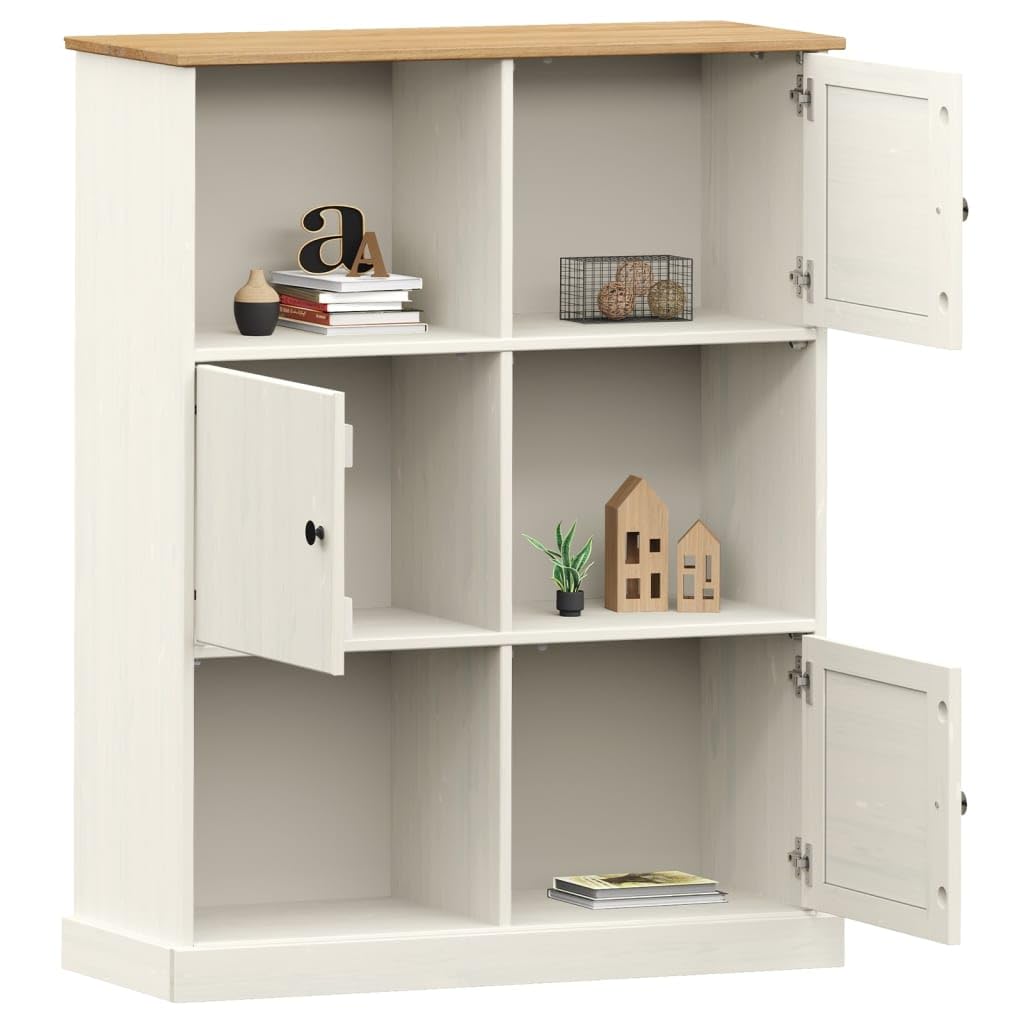 Générique Regał z litego drewna sosnowego, biały, 90 x 35 x 114,5 cm, regał na książki z 6 metalowymi przegródkami i guzikami, wytrzymały i łatwy w pielęgnacji schowek na książki