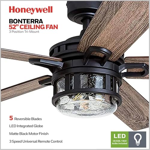 Image of Honeywell Bonterra 52 Inch Ceiling Fan with LED Light and Remote Control, 5 Blades, Modern Fan for Rooms Over 400 Sq Ft, Matte Black