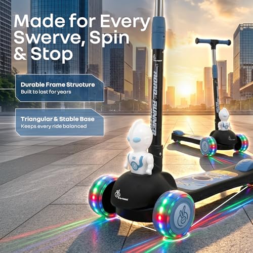 Image of R for Rabbit Road Runner Astro Kids Scooter, Multi Level Adjustable Height, Smart Fold & PU LED Wheels Kick Scooter with Brake for 3+ Years Kids, Weight Capacity Upto 75kgs (Black)