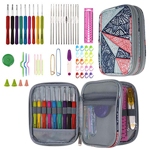 60 Pcs Crochet Hooks Set with Case, Yarn Knitting kit Crochet Needles Accessories, Ergonomic Handle Crochet Hooks Needles for Arthritic Hands, DIY Hand Knitting Art Tools for Beginners