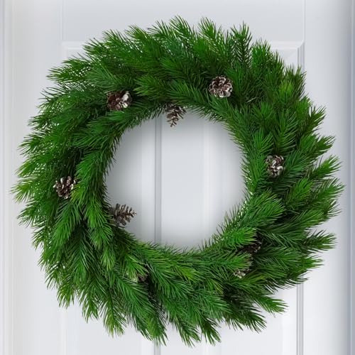 IPLNTS 18 Inch Christmas Wreath for Front Door Plain Plastic Pine Garland with Pine Cones for Walls Windows Porches Indoor Outdoor Home Decor