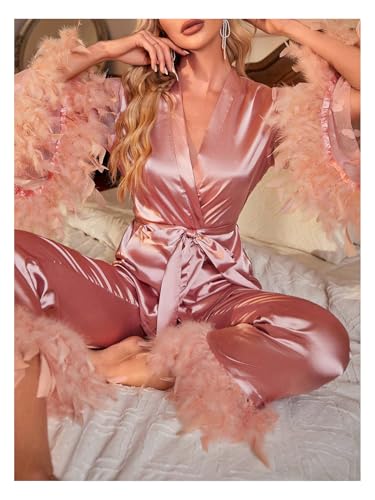 OYOANGLE Women's 2 Piece Pajama Set Satin Contrast Mesh Feather Trim Long Sleeve Belted Top and Pants Lounge Sets4