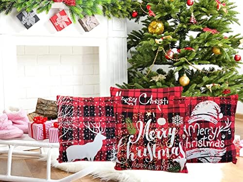 Christmas Cushions Covers ,4Pcs Buffalo Plaid Linen Throw Pillow Cases,18 * 18inch Xmas Cushion Covers for Sofa Couch Holiday Home Bedroom Christmas Decorations,Xmas Gift New Year Party