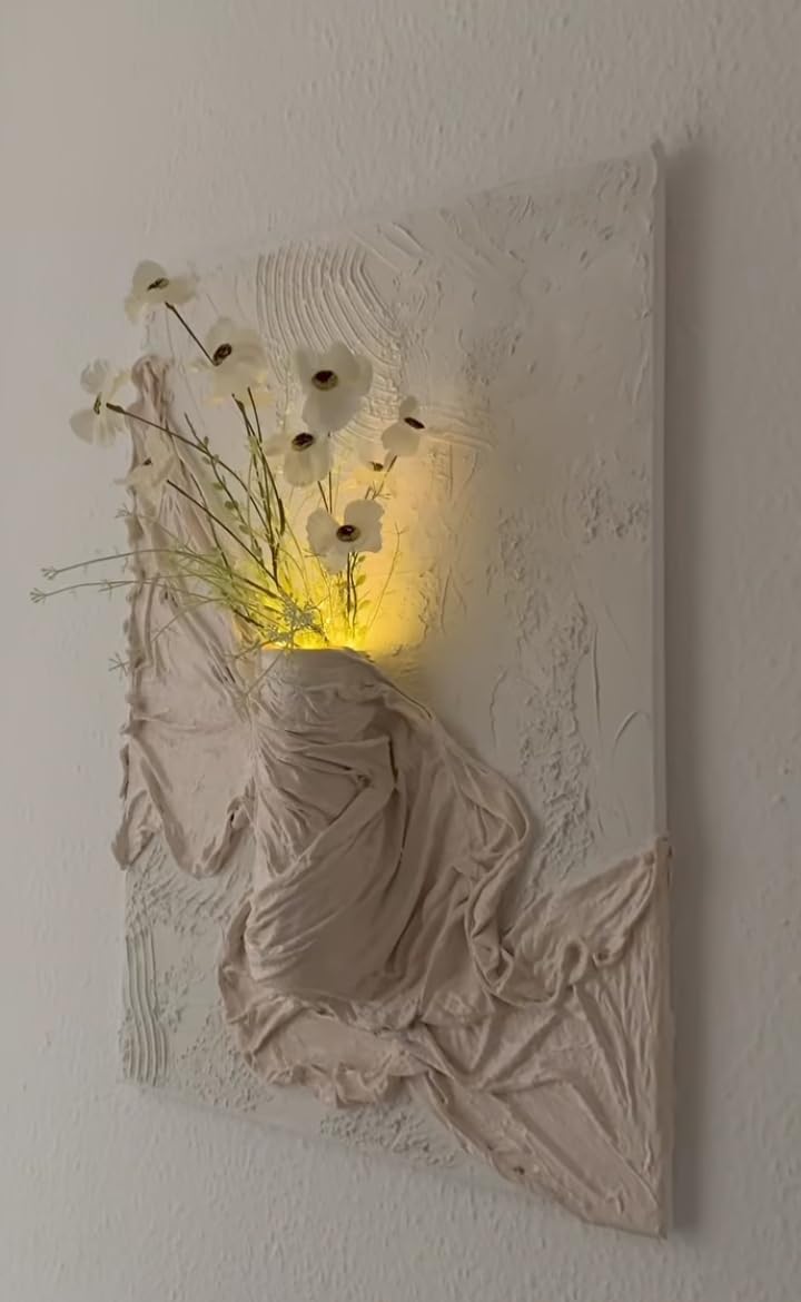 3D Textured Wall Art with LED Lights and Dried Flowers, White | Fabric Vase Design, Warm LED Glow, Mixed Media Decor, Handcrafted Texture, Living Room Wall Art-image-43