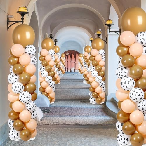 Image of 2 Sets Western Cowboy Brown Balloon Column Stand Kit with 102 Balloons Adjustable Balloon Tower Stand with Bases for Cow Print Floor Balloons Column Kit for Kids Boy Birthday Baby Shower Party Decor