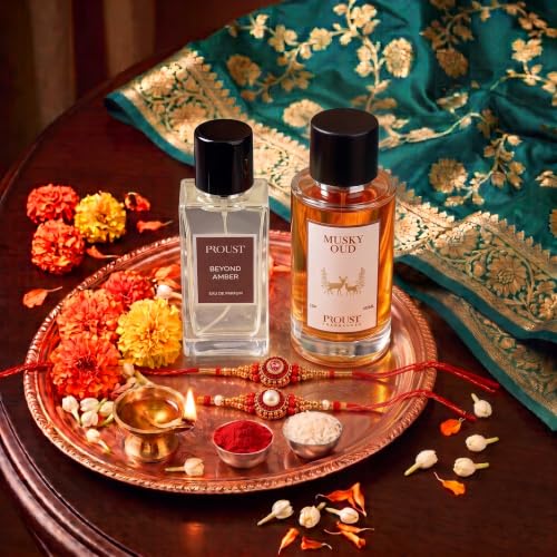 Image of PROUSTFRAGRANCES Musky Oud Perfume 100ml Raksha Bandhan Fragrance Gift Set | Beyond Amber EDP 50ml, 2 Rakhis & 1 Fragrance Tester included | Premium festive perfume combo with woody, musky & amber notes