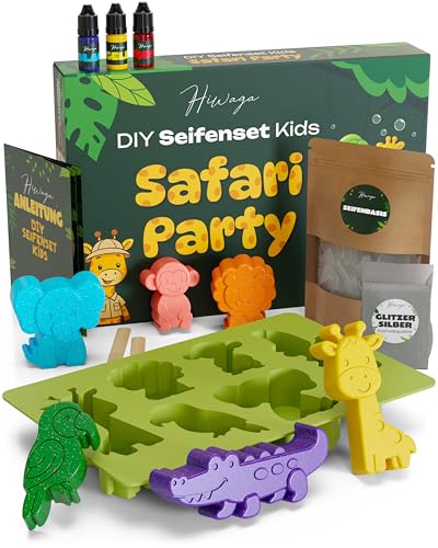 Hiwaga DIY Seife selber machen Set Kinder Kreativ Set für junge Entdecker Bastelset Kinder ab 8 Jahre zum Seife herstellen Bastelset mit 400g Rohseife Farbe Kosmetik-Glitzer & Safari-Silikonform