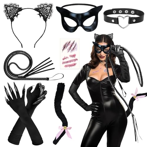 iZoeL Déguisement Chat Noir Costume Chat Femme Deguisement Carnaval Costume Carnaval/Halloween/Noel/Fête - Serre Tête Masque Collier Queue Gants Fouet...