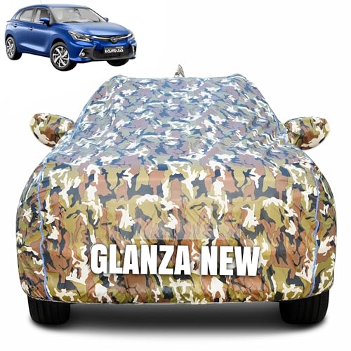 Image of 100% Waterproof Car Body Cover for Toyota Glanza New with Mirror Pocket (Heat & UV Resistant, Triple Stitched, Soft Lining, Bottom Elastic & Piping) Camouflage, Military Print
