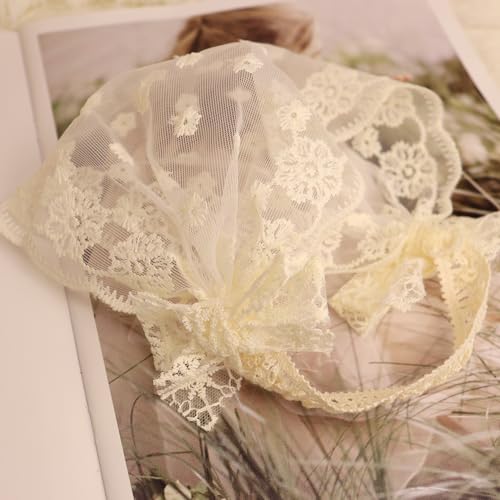 Baby Girls Headband Lacy Bow Pearl Wide Hair Band Turban for Infants Newborn Toddler Floral Ivory Elastic Head Wrap Breathable Sun Bonnet Hair Accessories (Ivory F)2