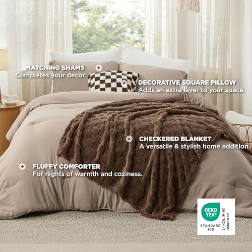 Image of Bedsure Comforter Queen Size 5 Pieces - Queen Size Comforter Set with Checkered Throw Blanket and Decorative Pillow, Lightweiget Bedding, All Season Bedding Sets, Light Camel