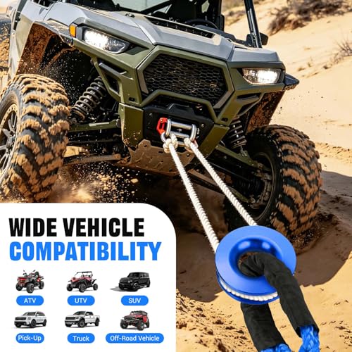 Image of BARTOO Winch Snatch 66000 LB Recovery Ring with 2 PCS Soft Shackle 1 /2 inch X 22 Inch Winch Rope, for ATV UTV SUV Truck Off-Road Vehicle Recovery Accessories, Blue
