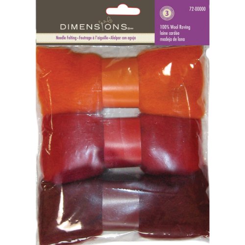 Dimensions Orange Red Wool Roving for Needle Felting, 45g, 8 x 6 x 1.5, 3 pack