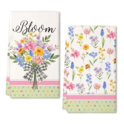 DineDia Küchentücher mit Blumenmuster, 2er-Set, rosa Blume, Geschirrhandtücher, Bauernhaus, für drinnen und draußen, Urlaub, saisonale Dekoration, DD095