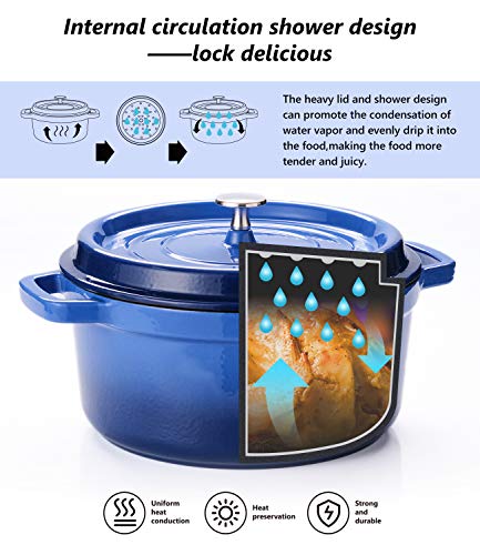 SULIVES 5 Quart White Enameled Cast Iron Dutch Oven with Lid bread baking Pot use on gas electric oven for 4-6 people(Dark Blue)