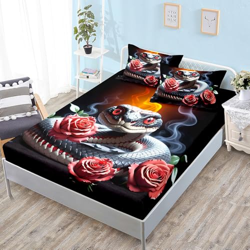 Spannbettlaken 160x200cm Rose Schwarze Schlange Bettlaken 160 x 200 Mikrofaser Topper Spannbettlaken 160x200 Spannbetttuch 160x200 Atmungsaktiv Bed Linen Waschbar Bettbezug 160x200 30cm Tiefe