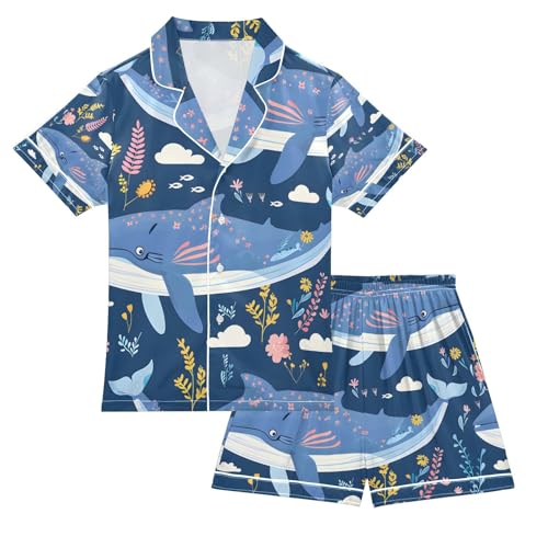 senya Whales Flowers and Plants Satin Summer Pajama Sets Silk Short Sleeve Button Down Sleepwear