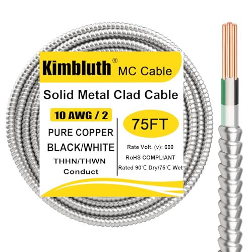 10/2 Metal Clad (MC) Cable with Ground 75ft 10 Gauge Electric Wire with Aluminum Armor Solid Bare Copper Conductors for Indoor Outdoor Underground Embedded Installation (10/2 75 FT)