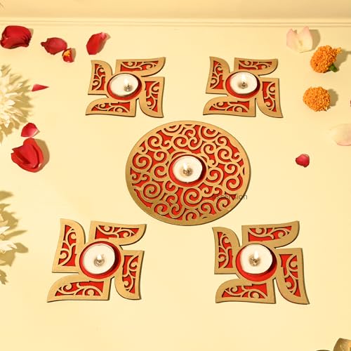 Image of Ascension Swastik MDF Rangoli Set with Tealights Candels Reusable Rangoli Stencil Diwali Decoration Items for Home Decor Navratri Pongal Pooja Mandir Diwali Decor (Swastik Tealight Candle Holder)