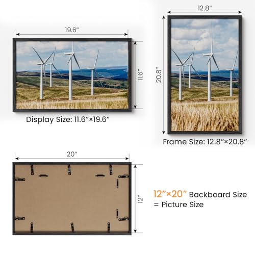 Image of 12x20 Picture Frame Oak Wood,12 inchx20 inchBlack Color Wooden Frames with Tempered Glass,20x12 inch Wall Gallery Poster Frame with No Mat,12 by 20 Frames Horizontal and Vertical for Wall Mounting