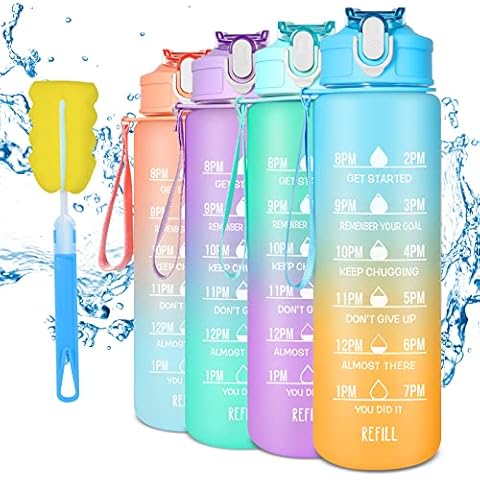 Water Bottle with Time Markings & Straw,900ML Motivational Water Bottles , Leakproof BPA-free Tritan Drink Bottle for Sport,Cycling,Gym, School & Office (Blue&Yellow) Cover