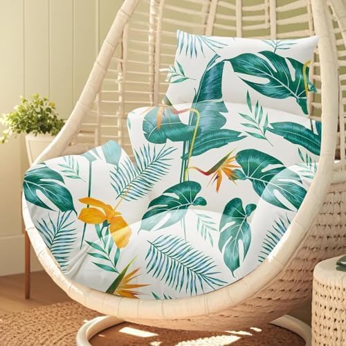 joomie Waterproof Egg Chair Cushion Replacement 119x79x13 cm Thicken Hanging Egg Swing Chair Cushion Indoor Outdoor Wicker Rattan Hammock Basket Cushion with Headrest Pillow, Yellow-Green Leaf 26