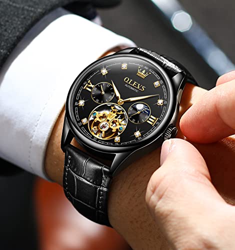 OLEVS Mens Leather Watches Automatic Mechanical Skeleton Tourbillon Diamond Luxury Self Winding Dress Wrist Watches Moon Phase Waterproof Luminous