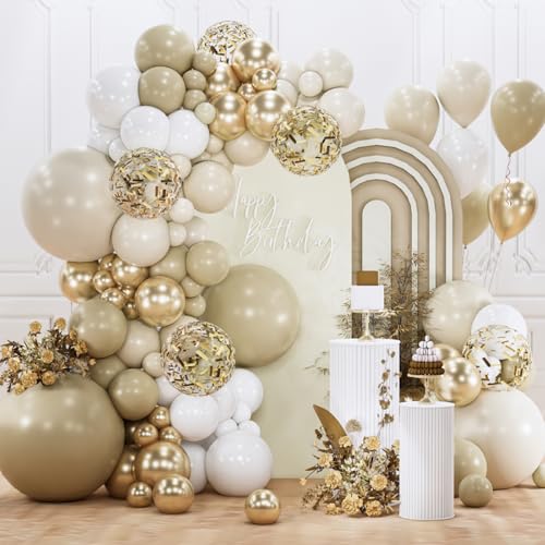 Image of PartyWoo Neutral Balloon Arch Kit Garland 140pcs Different Sizes of 18 12 10 5 Inch Off White Sand Cream Ivory Gold Confetti Boho Balloons for Bridal Baby Shower Engagement Birthday Party Decorations
