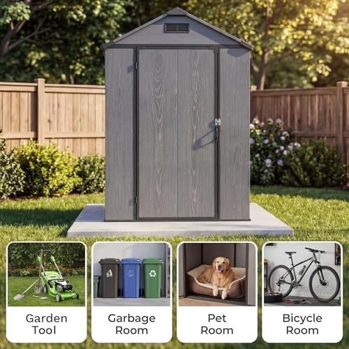 Image of Patiowell 4x6 FT Plastic Outdoor Storage Shed with Floor, Resin Outside Shed with Lockable Door and Vents, Garden Sheds for Backyard, Patio, Lawn Mower, Dark Grey